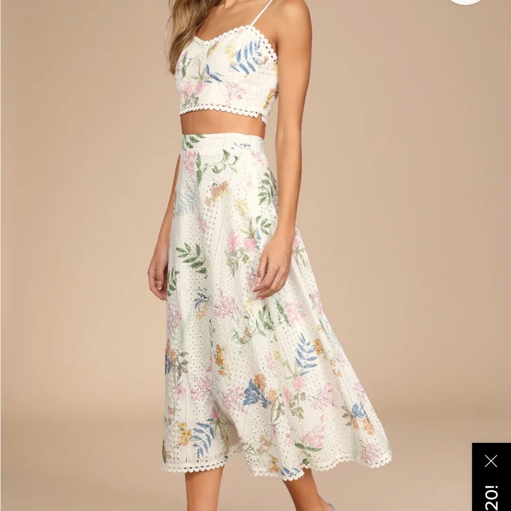 Sweet At Heart White Floral Embroidered Two-Piece Midi Dress with Lace Trim